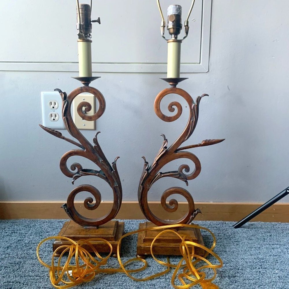 Vintage Brass Table Lamp‎ Set Swirl MCM Heavy Unique Design by Excelsior